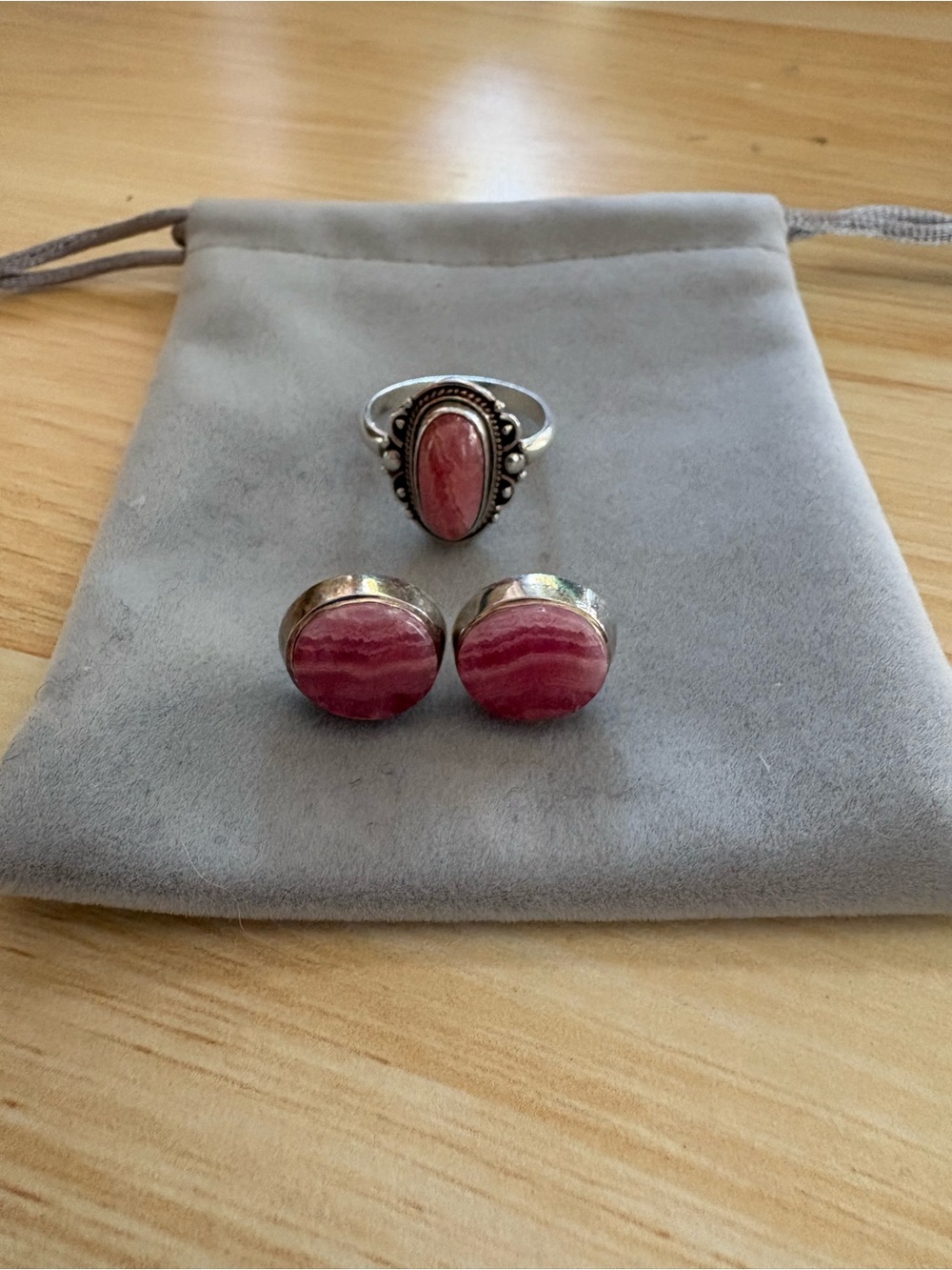 Pink Stone (rhodochrosite) Sterling 925 Ring and Stud Earrings Set